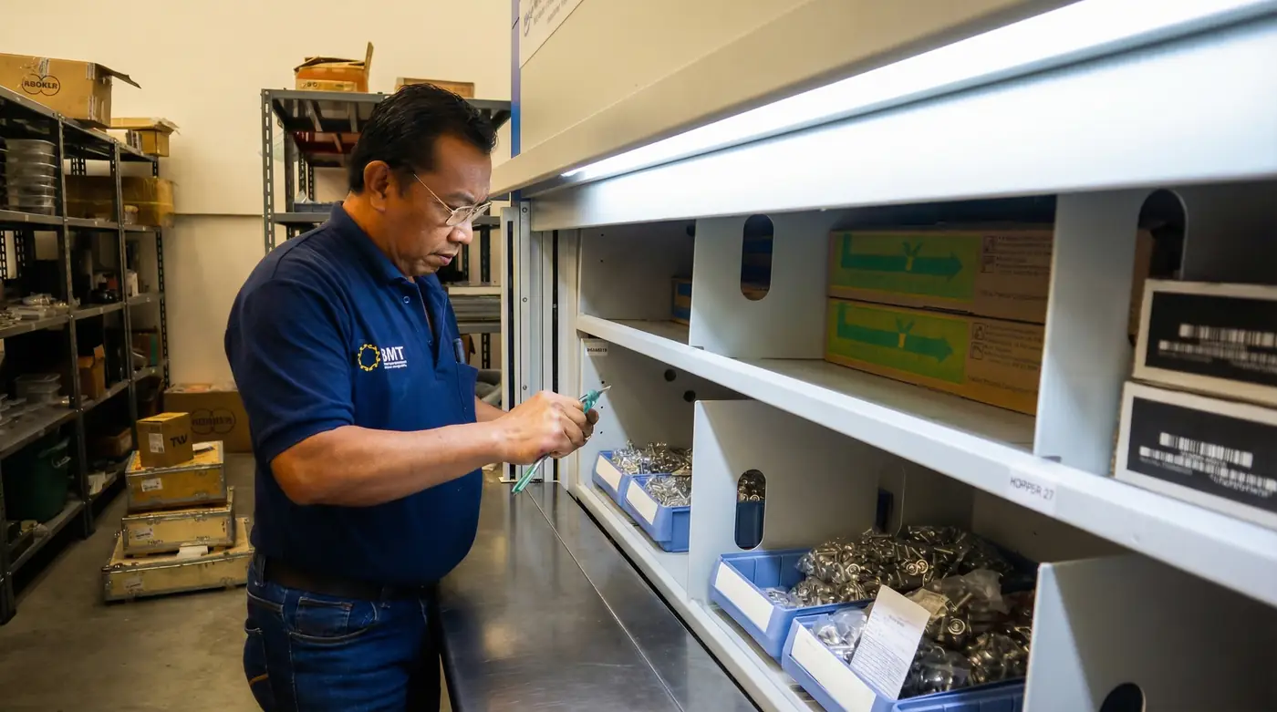BMT technician managing spare parts inventory for tobacco processing machinery in Surabaya